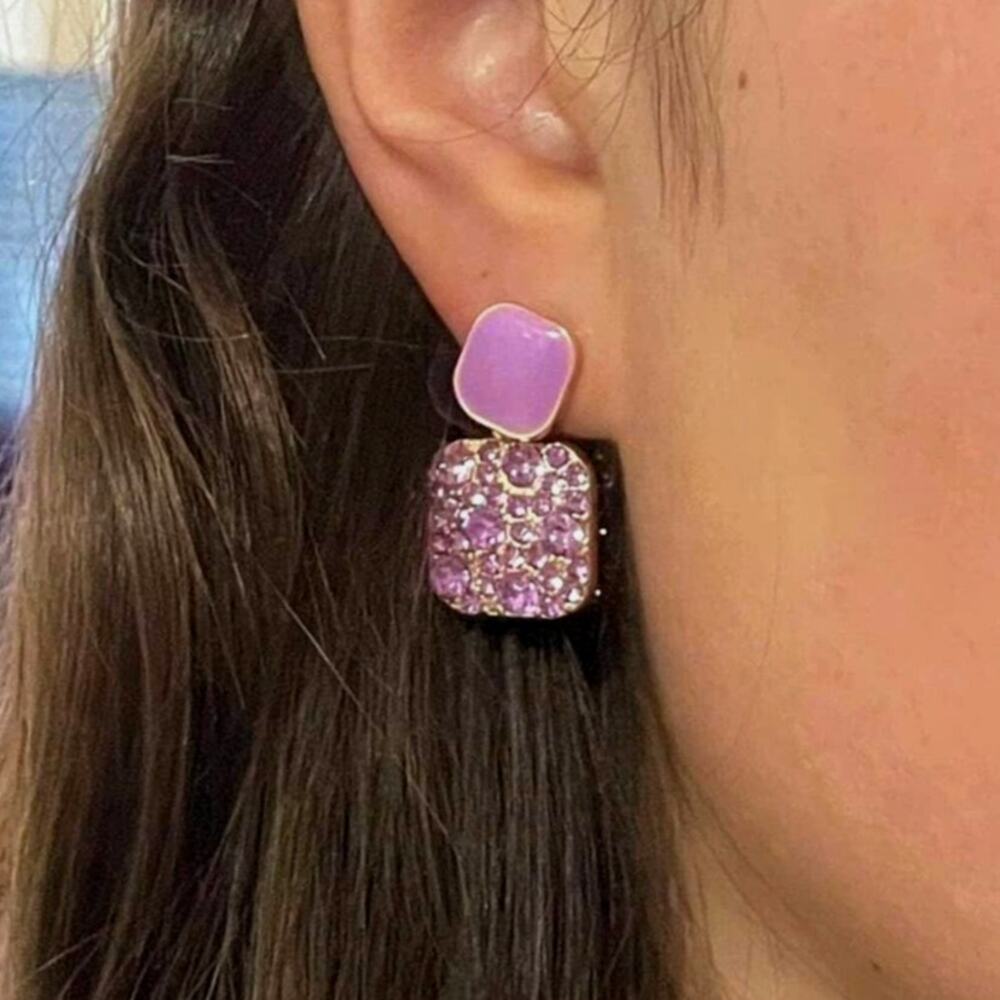 New Purple Dangle Rhinestone Geometric Earrings Square Sparkle Modern Vintage